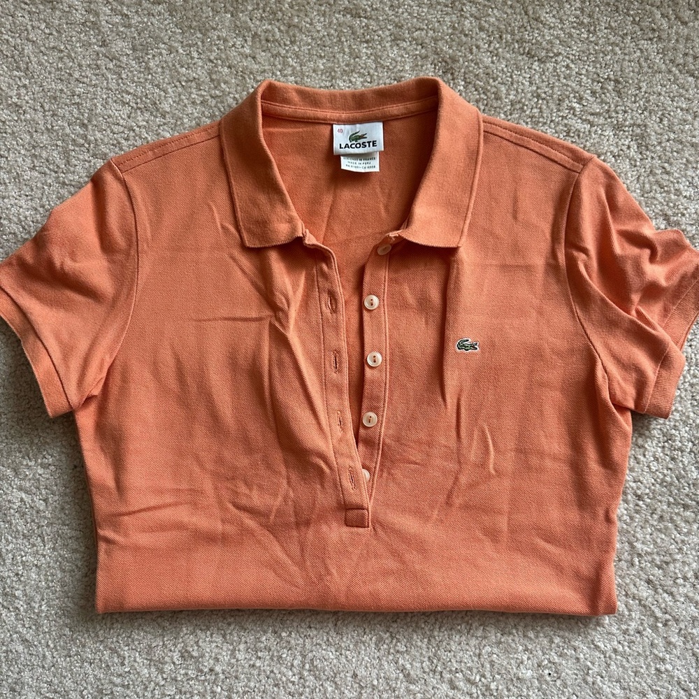 Lacoste Women’s Cut Coral-Orange Polo with Signature Crocodile Summery Beach - Picture 2 of 5